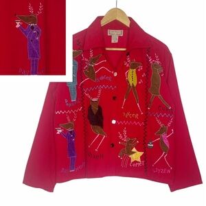 Vintage Corduroy Santa Reindeer Holiday Shirt Colorful Blouse Size S Life Style